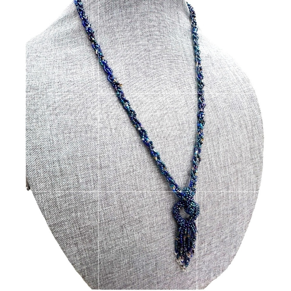 Iridescent Blue Seed Bead Lariat Statement Necklace NWT Formal Cocktail Boho